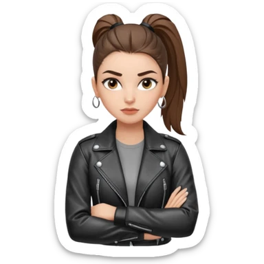 สีตาสีเทาอ่อน มีประกายคม
คิ้วได้รูป มองแล้วดูสตรอง
ผมหางม้าสูง
ลุคสตรีทแฟชั่น
ท่าโพสกอดอก
ฟีล: Girl Boss, cool beauty, minimal but powerful sticker