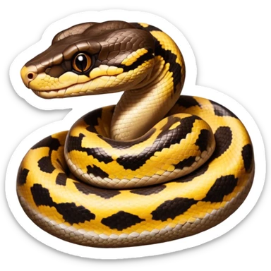 A photo-realistic digital illustration of a Ball Python, large headshot portrait. The snake has a short, rounded snout, smooth contours, and a calm, curious expression. Its head is warm brown with bold, irregular dark markings, including the signature “alien-head” pattern.  sticker