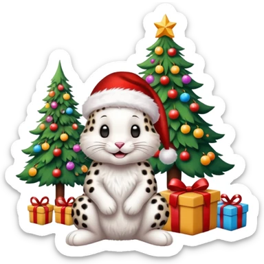 Smiling Bunny with Santa hat sitting by a Leopard as friends around brightly lit colorful Christmas trees and candy canes 🎁  sticker