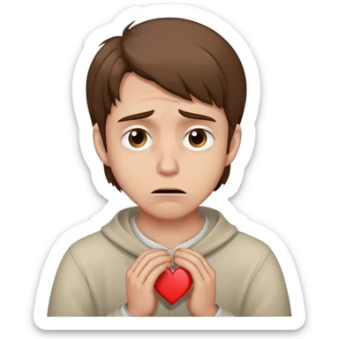 a man with brown hair staying in a
full height in profile with anxiety and begging face with a broken heart sticker