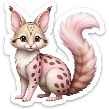 pastel white-spotted brown-pointed pastel-pink soft natural realistic romantic vintage antique divine beautiful elegant pretty precious cute young youthful  Fakémon-Pokémon-alien-opossum-squirrel-feline-serval-caracal-chinchilla-Minccino-hybrid-creature with a big fluffy bushy tail (full body) sticker