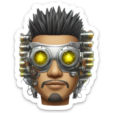 Mohawk hair Asian male cyborg head with neon silver steampunk goggles and circuits sticker