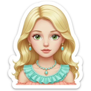 Slavic girl with peachy pale skin, long straight-wavy light golden yellow blonde hair, light hazel green eyes, coral-pink lips, wearing a fancy ruffle pastel icy aqua top and expensive light gold jewelry sticker
