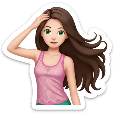 super long haired brunette with middle part cute pink lacy tank white but tan green eyes doing a hairflip sticker