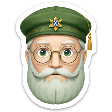 Dumbledore wear green scotland Tam o'shanter cap with decorative patterns, wear glasses, very long beard sticker
