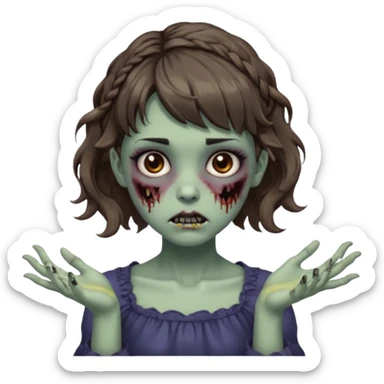 Cabelo ondulado  um pouco cheio e franja curta  Olhos marrons e pequenos e feita d ezumbi mais bonita com cabelo amarro na e com as mãos assim tipo assim🧟‍♀️ sticker