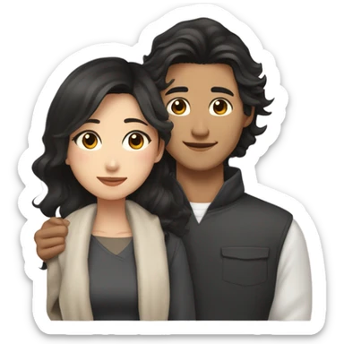 An Asian man with short dark hair and amber eyes embracing and loving a half Asian woman with long wavy dark hair and dark hazel eyes. They love each other a lot And have good fashion taste. sticker