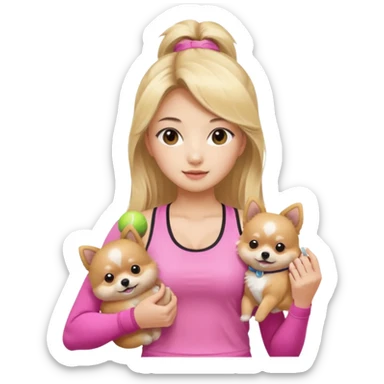 An Asian lady with long, blonde balayage hair, blonde highlights, wearing a pink gym outfit, holding a Pomeranian sticker