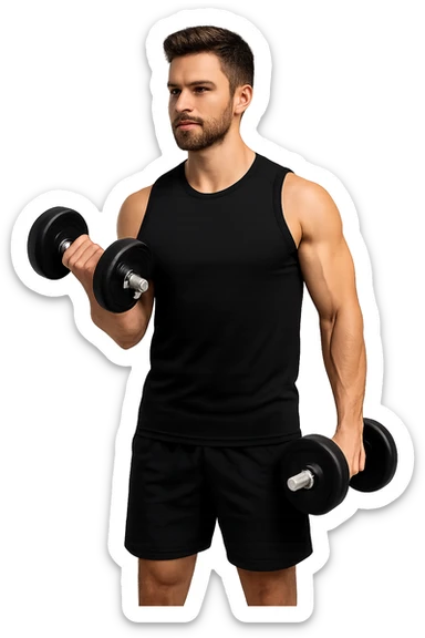 uomo fitness in forma con manubri da palestra in mano, isolata su sfondo bianco sticker