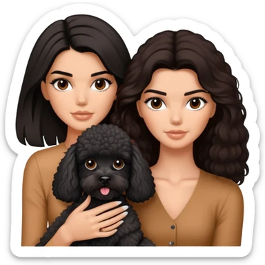 Kendall Jenner with long dark hair holding a brown poodle and a black schnauzer sticker