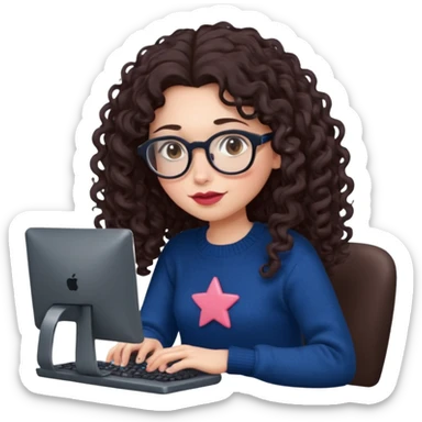 a white young woman with very long curly dark brown/chocolate hair typing in a computer. she's using round glasses, her lips are light red and her cheeks slightly pink. Her eyes are dark brown. She's using a dark blue knit sweater that has a tiny star in the middle   sticker