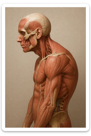 corpo UMANO ANATOMICO di profilo con spalle chiuse in avanti, postura errata, iperrealistico 4k sticker