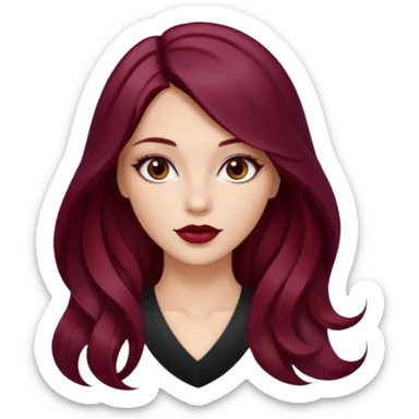 Draw a young glamorous woman with LONG dark burgandy cherry hair in a MIDDLE PART styled slightly wavy sticker
