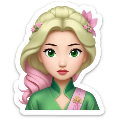 Cinematic Elegant Mulan Portrait Emoji, Dressed in her delicate green matchmaker gown, soft pink makeup, hair pinned perfectly, looking wistful yet radiant, eyes reflecting the depth of her spirit, capturing both her beauty and inner strength! sticker