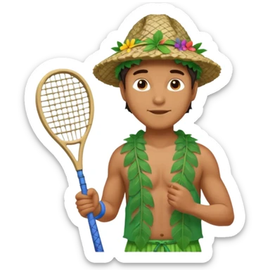 Hawaiian man with leaf hat and big net racket and colorful cloth sticker