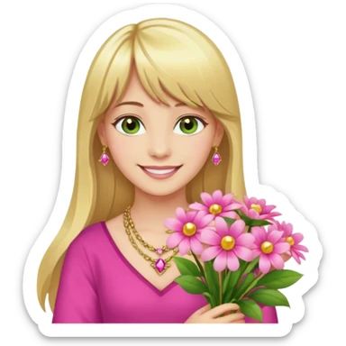 Long blonde haired with bangs, and big boobs smiling woman with hazel geen eyes, wearing pink and gold gemstone chains,  holding a big bouquet of beautiful bright flowers  sticker