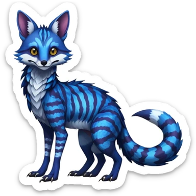 Feral Rare Fantasy scaly evil spooky vibrant dark shady shaded detailed deep-dark-cobalt-blue-gradients-colored colorful Vernid-Sergal-Genet-Trico-Fox-species by LiLaiRa, with dark-blackish points, white belly, random markings, tufted tail, tufted ears, full body sticker