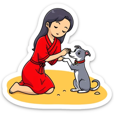 A beautiful 25-year-old Japanese woman with long flowing black hair wearing a stylish red beach dress, gently petting a PURE SOLID DARK GREY whippet with a bright RED COLLAR on a beach at night under a starry sky. The whippet MUST be 100% SOLID DARK GREY with ABSOLUTELY NO WHITE MARKINGS ANYWHERE - specifically NO WHITE on face, NO WHITE on chest, NO WHITE on paws - ENTIRELY ONE CONSISTENT SOLID DARK GREY COLOR throughout. Deep blue night sky filled with bright stars, moonlight reflecting on the ocean, sandy beach in the foreground. sticker