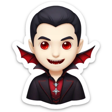 Cinematic Cute Vampire Portrait Emoji, with a refined yet playful small, rounded pale face accented by tiny, cute fangs and bright, twinkling eyes, sporting miniature elegant dark attire with a hint of crimson, simplified yet irresistibly charming, highly detailed with a soft glowing outline that captures the delightful duality of spooky sweetness and stylish allure! sticker