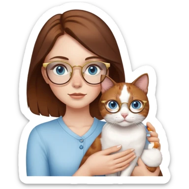 White girl with blue eyes, brown hair, freckles, and gold glasses, holding a small calico cat sticker