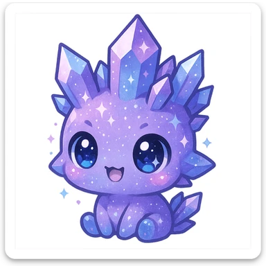 kawaii chibi crystal sprite creature, mostly purple with blue and pink accents, big eyes, sparkly, small body sticker
