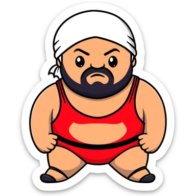 White skin fat guy with black durag and black beard in a red and black wrestling singlet sticker