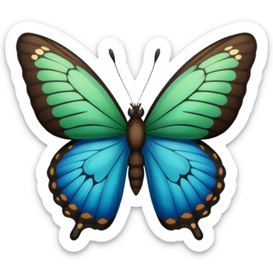 A butterfly with blue edges, green wings, and a black body, Between the wings brown  sticker