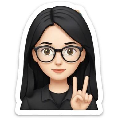 pale female teacher with long black hair, wearing glasses and black shirt teaching sticker