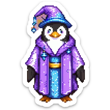 Penguin wizard with purple robe and blue magical sparkles sticker