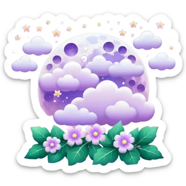 Beautiful poetic ethereal romantic magical aesthetic sparkly glittery shiny pretty floating pastel lilac lavender Violet full moon and flowers and leaves aesthetic pastel clouds scenery  sticker