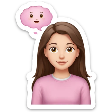 happy white long brunette hair girl with hazel eyes in light pink with a thought bubble sticker