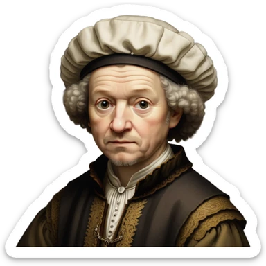 cinematic-portrait-of-rembrandt,-shown-as-a-master-artist-with-deep,-introspective-eyes-and-richly-detailed-period-clothing,-rendered-with-dramatic-chiaroscuro-lighting-that-emphasizes-his-legacy sticker