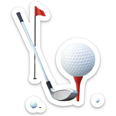 A golf ball on a tee with a golf club placed beside it, set against the backdrop of a well-manicured green golf course. The scene emphasizes the equipment and serene atmosphere of the sport, with soft lighting and a peaceful, open landscape sticker