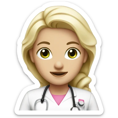 White blonde nurse with green eyes and tan skin wearing pink sticker