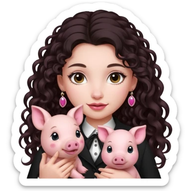 Ragazza bellissima sexy vestita bene capelli lunghi scuri con un piccolo maialino sticker