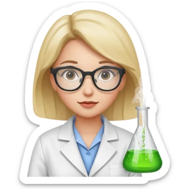 Portrait of a young female scientist wearing a white lab coat, glasses sticker