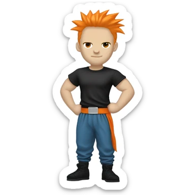 Silver spiked hair
Very white skin
Black eyes
Orange gi T-shirt and pants over blue short-sleeved T-shirt
Black shoes
Black wrist bands on both wrists
Black belt sticker