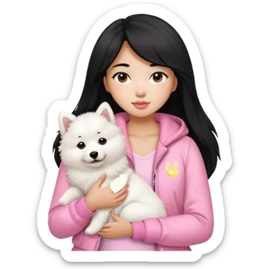 A black long hair asian pretty girl with a bright skintone using a baby pink juicy couture jacket with white tanktop holding a samoyed dog sticker