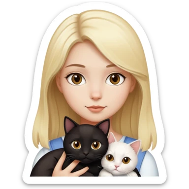 Blonde girl with brown eyes holding a black cat and a white cat sticker
