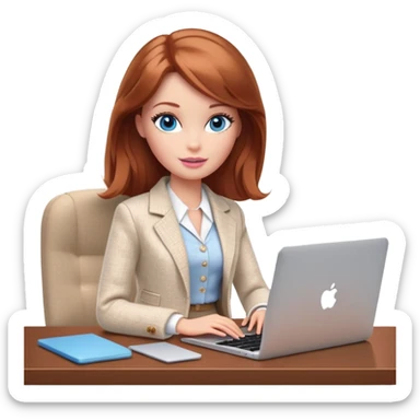 A Barbie girl with blue eyes, shoulder-length reddish-brown hair, made-up, wearing a white tweed jacket and beige skirt, is sitting at a with a MacBook sticker