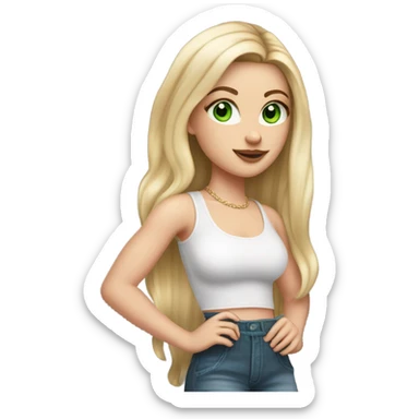 Realistic White girl with Long straight blonde hair, green eyes, tattoos, full body wearing white crop top, holding pink iphone sticker