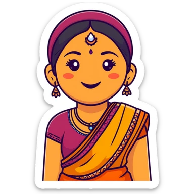 A cheerful Indian aunt (mausi) character with a plump face, smiling, wearing traditional Indian clothing and a bindi sticker