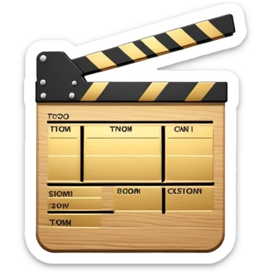 film clapper board with gold top section, white bottom section, and a bold diagonal line sticker