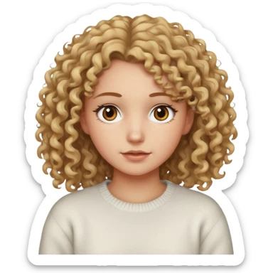 a dirty blonde girl with brown eyes and make her wearing a white sweater with curly hair and white skin color sticker