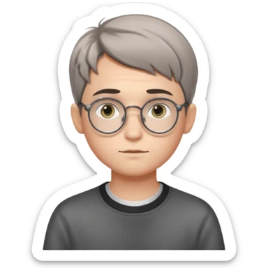 GREY HAUR teen boy with medium short middle parted hair, GREY eyes, round Glasses looking judging to the Side sticker