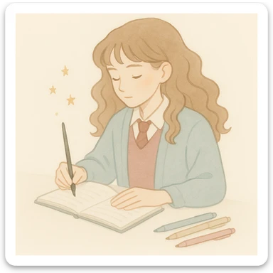 Add some pens on the table. Maintain the soft watercolor illustration style with pastel colors, delicate linework, a gentle, whimsical mood, anime-inspired features, and minimal, soft shading. sticker