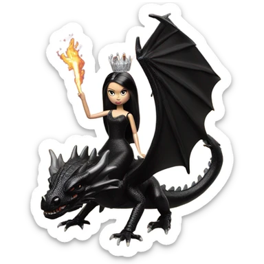 evening dressed, Wednesday Addams Barbie Jedi wearing a tiara, riding on the back of a very large black shiny evil-looking fire-spewing horned dragon sticker