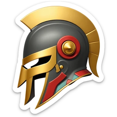 A stylized Trojan helmet emblem shown in side profile, featuring a sleek, angular shape with a crest on top and a face guard extending downward. The helmet is dark gray with subtle metallic shading and a thin gold accent line.  sticker