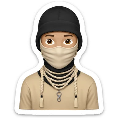 Ultra-detailed studio shot of a post-apocalyptic off-white balaclava — deconstructed, frayed, layered, with braided rope tassels and subtle embroidery. Minimalist white background, soft lighting, sharp focus. High-fashion streetwear aesthetic. The face of a person in a mask should not be visible sticker
