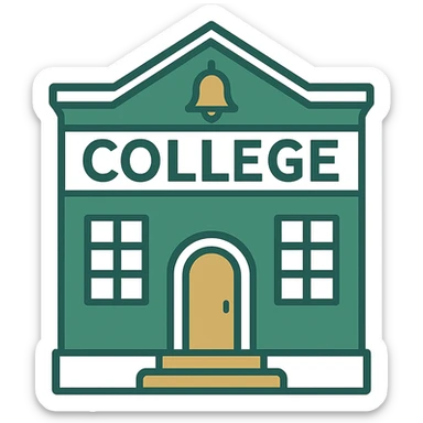 Make the college building less cartoonish, more realistic and professional with a green, gold, and white color scheme. The design should be minimalistic with clean lines, with no background. sticker